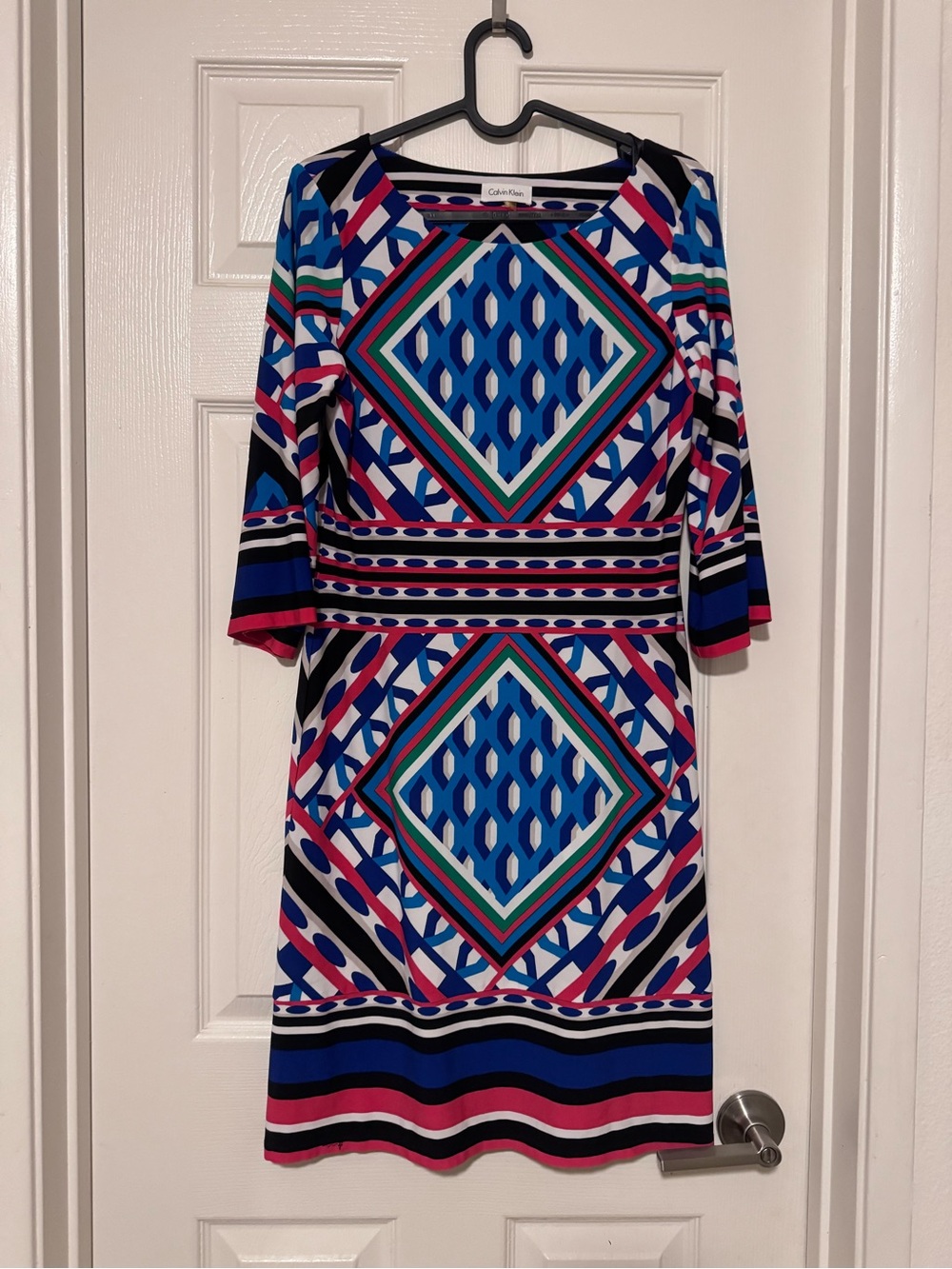 Calvin Klein Geometric Midi Dress in Blue, Pink & White